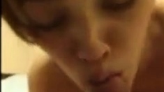 Cute girl sucks his hairy cock and let him cum in her mouth