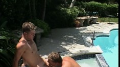 Four hot guys have a great time sucking and fucking on the poolside